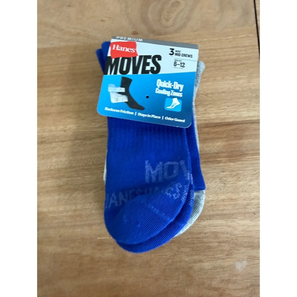 Hanes Premium Moves Mens Mid Crew Socks 3 Pack Blue Grey Black Size 6-12 PMMV84